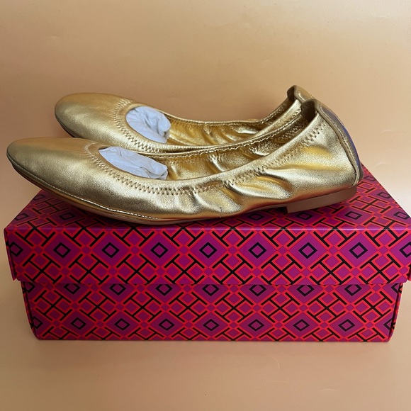 Tory Burch Eddie Gold Nappa Ballet Leather Flats Size 8 - Picture 7 of 16